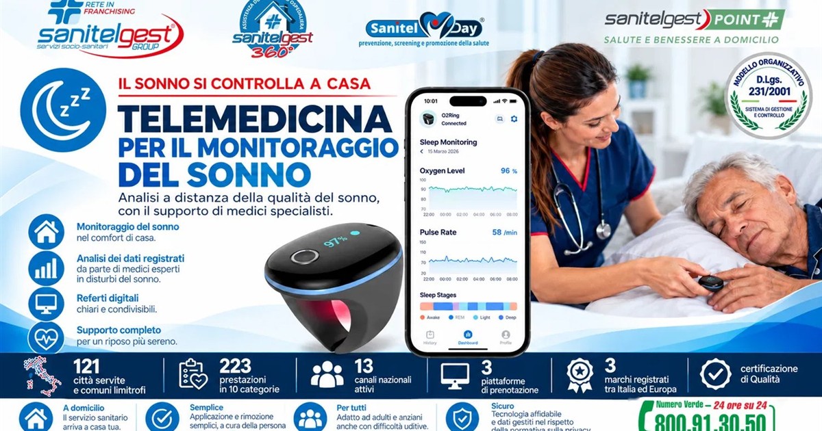 Telemedicina per il monitoraggio del sonno Sanitelgest — l'anello O2Ring al dito, i grafici della saturazione e della frequenza del polso sul telefono, un'infermiera accanto alla persona che dorme, con il Numero Verde 800.91.30.50