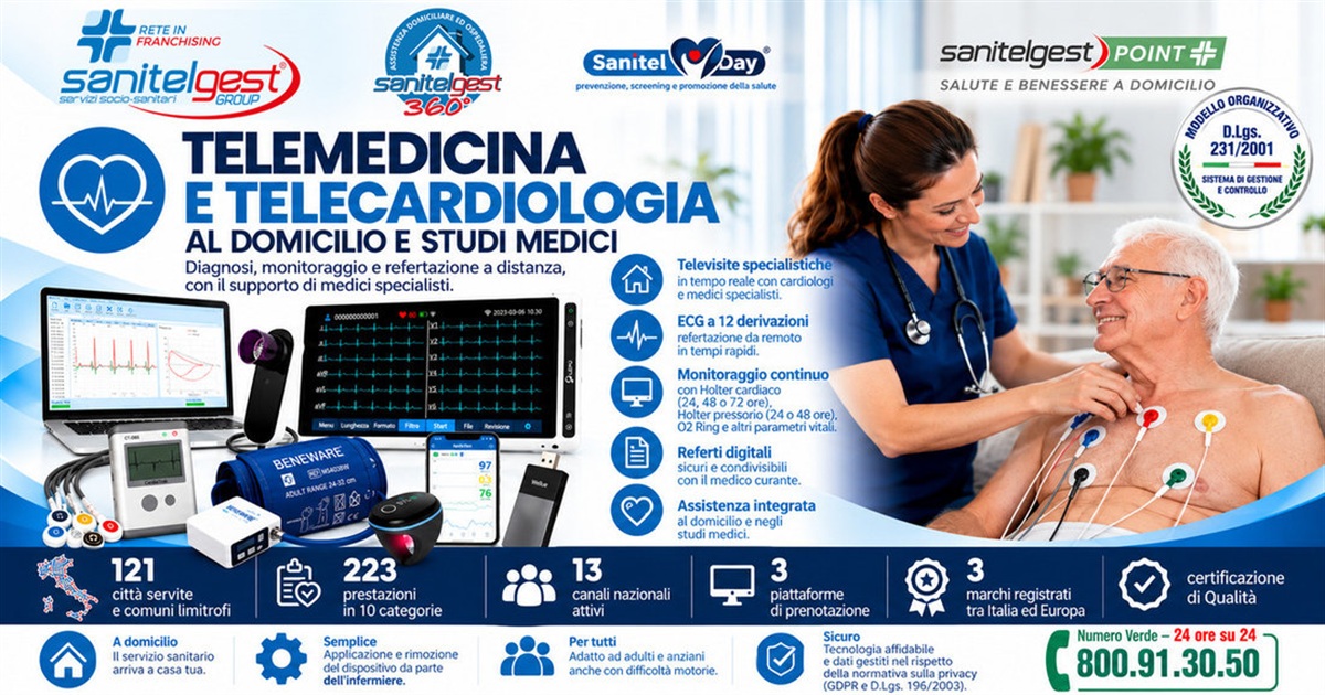 Telemedicina e telecardiologia Sanitelgest al domicilio, negli studi medici e nelle strutture sanitarie — gli apparecchi per gli esami, un’infermiera accanto alla persona assistita e il medico specialista collegato, con il Numero Verde 800.91.30.50