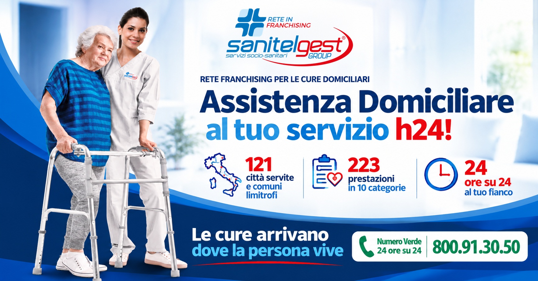 Assistenza domiciliare integrata Sanitelgest: assistenza a casa, 24 ore su 24, in 121 città servite